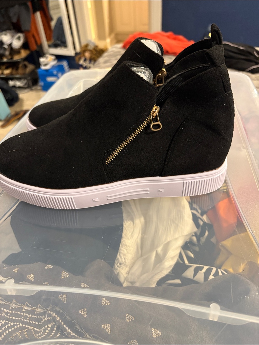 SHEIN Black Wedge Ankle Booties with Gold Zipper
